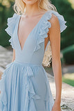 Sky Blue V-Neck Chiffon Long Bridesmaid Dress with Ruffles