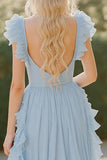 Sky Blue V-Neck Chiffon Long Bridesmaid Dress with Ruffles