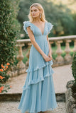 Sky Blue A Line V-Neck Chiffon Ruffles Bridesmaid Dress