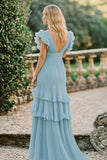 Sky Blue A Line V-Neck Chiffon Ruffles Bridesmaid Dress