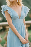 Sky Blue A Line V-Neck Chiffon Ruffles Bridesmaid Dress
