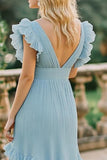Sky Blue A Line V-Neck Chiffon Ruffles Bridesmaid Dress