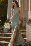 Halter Dusty Sage Mermaid Chiffon Lace Bridesmaid Dress