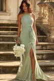 Halter Dusty Sage Mermaid Chiffon Bridesmaid Dress with Belt