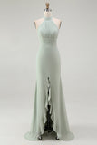 Halter Dusty Sage Mermaid Ruffles Chiffon Bridesmaid Dress