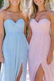 Strapless Sky Blue A Line Chiffon Bridesmaid Dress with Slit