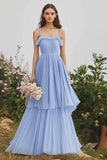 Light Blue Spaghetti Straps A Line Ruffles Chiffon Bridesmaid Dress