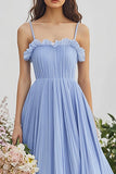 Light Blue Spaghetti Straps A Line Ruffles Chiffon Bridesmaid Dress