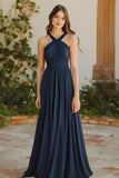Halter Navy A Line Halter Chiffon Bridesmaid Dress