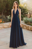 Halter Navy A Line Chiffon Bridesmaid Dress