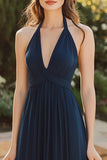 Halter Navy A Line Chiffon Bridesmaid Dress