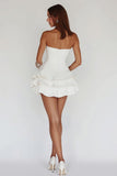 White Strapless A Line Tiered Matte Satin Graduation Dress