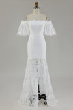 White Off the Shoulder Sheath Lace Wedding Dress With Slit