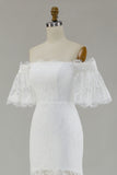 White Off the Shoulder Sheath Lace Wedding Dress With Slit
