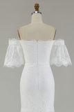 White Off the Shoulder Sheath Lace Wedding Dress With Slit