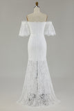 White Off the Shoulder Sheath Lace Wedding Dress With Slit