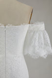 White Off the Shoulder Sheath Lace Wedding Dress With Slit