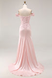 Pink Mermaid Off the Shoulder Long Formal Dress with Appliques