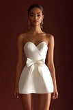 White Strapless A Line Graduation Dress with Bow