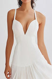 White A Line Ruffled Chiffon Tea Length Graduation Dress