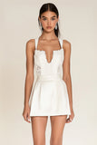 White A Line Spaghetti Straps Satin Lace Graduation Dress