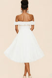 White Off The Shoulder A Line Ruffled Graduation Dress