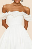 White Off The Shoulder A Line Ruffled Graduation Dress