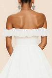 White Off The Shoulder A Line Ruffled Graduation Dress