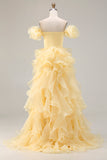 Off The Shoulder Sheath Yellow Long Prom Dress with Ruffles