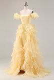 Off The Shoulder Sheath Yellow Long Prom Dress with Ruffles