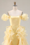 Off The Shoulder Sheath Yellow Long Prom Dress with Ruffles