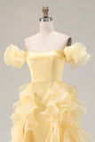 Off The Shoulder Sheath Yellow Long Prom Dress with Ruffles