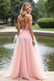 Pink A Line Spaghetti Straps Long Prom Dress