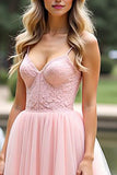 Pink A Line Spaghetti Straps Long Prom Dress