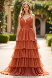 Terracotta A Line V- Neck Ruffled Long Prom Dress