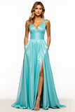 Slate Blue A Line V-Neck Long Prom Dress with Pockets