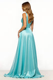 Slate Blue A Line V-Neck Long Prom Dress with Pockets