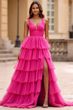 Fuchsia A Line V-Neck Tulle Long Prom Dress with Ruffles