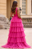 Fuchsia A Line V-Neck Tulle Long Prom Dress with Ruffles