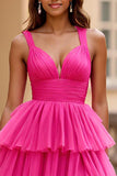 Fuchsia A Line V-Neck Tulle Long Prom Dress with Ruffles