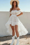Lace Off the Shoulder White A Line High-Low Graduation Dress