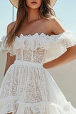 Lace Off the Shoulder White A Line High-Low Graduation Dress