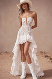 High-Low White A Line Lace Strapless Boho Wedding Dress