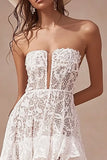 High-Low White A Line Lace Strapless Boho Wedding Dress