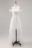 White Off the Shoulder Lace High-Low Boho Wedding Dress