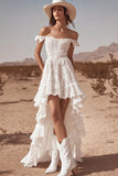 Off the Shoulder Lace High-Low White Boho Wedding Dress