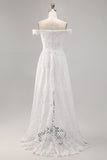 White Off the Shoulder Lace High-Low Boho Wedding Dress