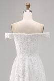 White Off the Shoulder Lace High-Low Boho Wedding Dress