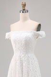 White Off the Shoulder Lace High-Low Boho Wedding Dress