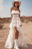 Strapless White Lace A Line Ruffled Boho Wedding Dress